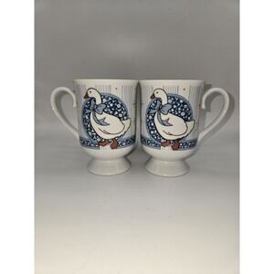 Vintage Ceramic‎ Country Goose Pedestal Mugs Set of 4 Blue Ribbon 1980s Style